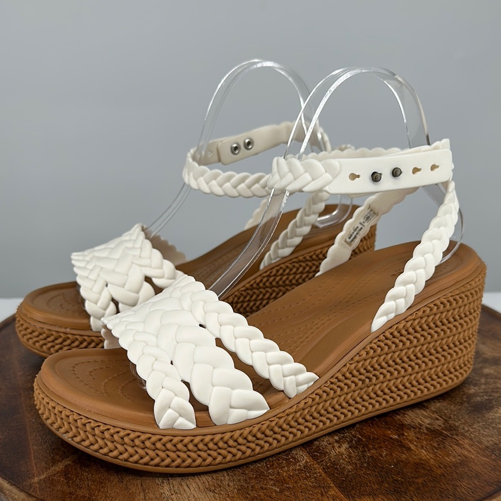 CROCS Tan and White Sandals with Woven Design